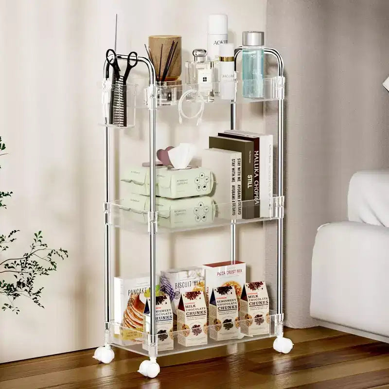 Carrito de almacenamiento acrílico con ruedas de 3 niveles, organizador transparente para el baño con ruedas, estantes extensibles, ganchos y portavasos para la lavandería, la oficina y la habitación