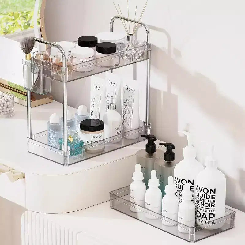 Carrito de almacenamiento acrílico con ruedas de 3 niveles, organizador transparente para el baño con ruedas, estantes extensibles, ganchos y portavasos para la lavandería, la oficina y la habitación