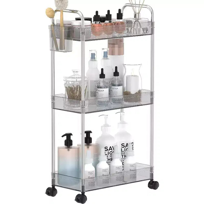 Chariot de rangement roulant en acrylique à 3 niveaux, organisateur de salle de bain transparent avec roulettes, étagères extensibles, crochets et porte-gobelet pour la buanderie, le bureau et la chambre