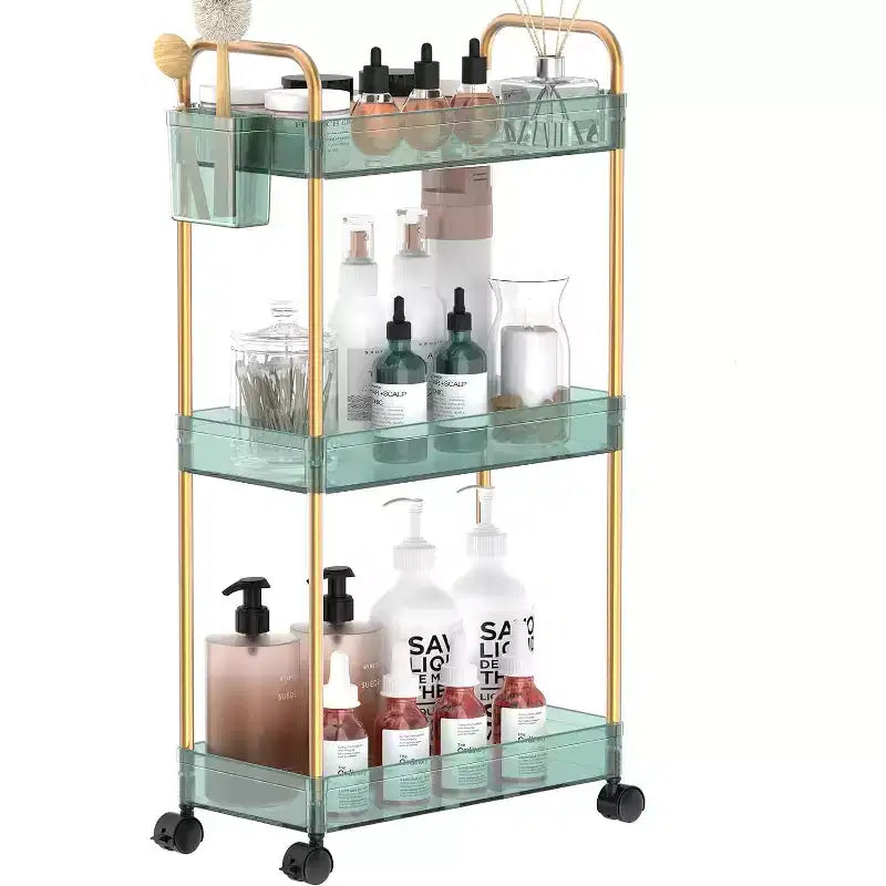 Chariot de rangement roulant en acrylique à 3 niveaux, organisateur de salle de bain transparent avec roulettes, étagères extensibles, crochets et porte-gobelet pour la buanderie, le bureau et la chambre