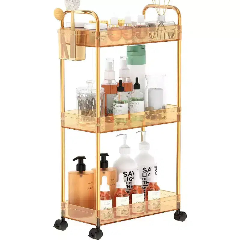 Chariot de rangement roulant en acrylique à 3 niveaux, organisateur de salle de bain transparent avec roulettes, étagères extensibles, crochets et porte-gobelet pour la buanderie, le bureau et la chambre