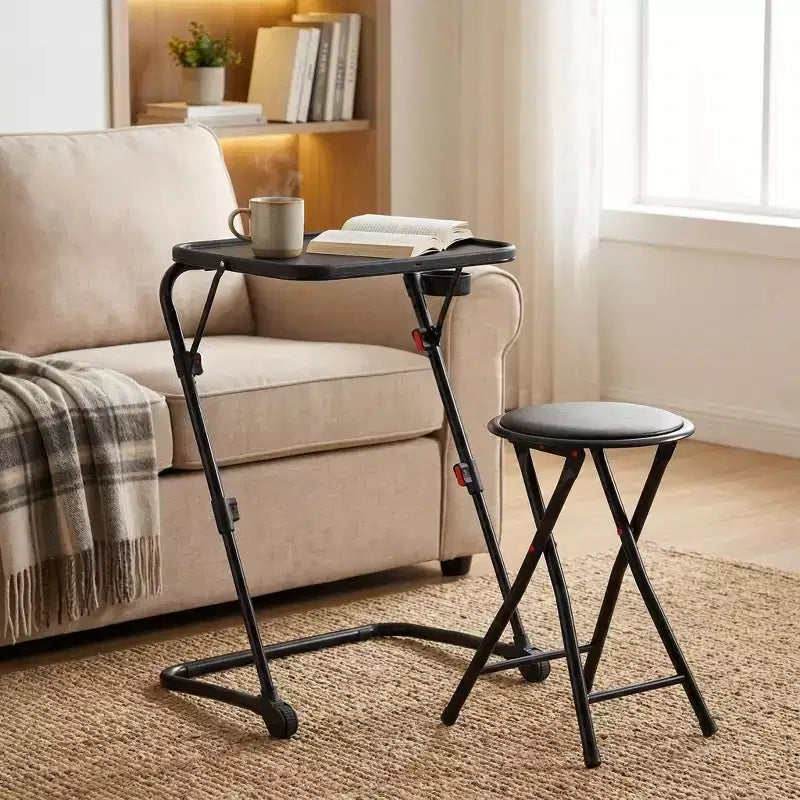 Ensemble table pliante et tabouret, table à plateau inclinable et hauteur réglable avec porte-gobelet, bureau portable pour le lit, le canapé, le bureau ou l’extérieur