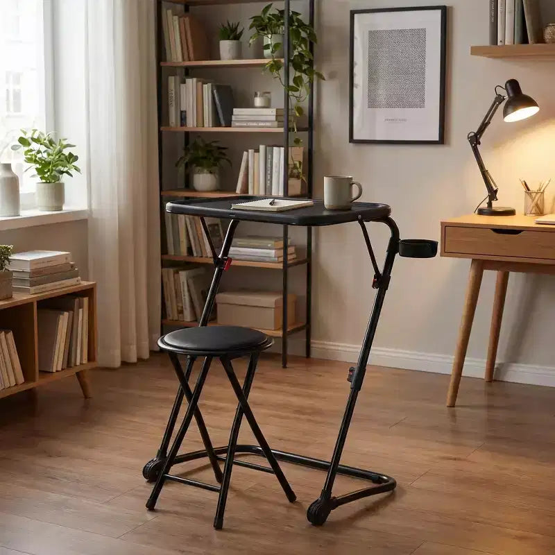 Juego de mesa plegable y taburete, mesa auxiliar con altura ajustable, tablero inclinable y portavasos, escritorio portátil para la cama, el sofá, el estudio o exteriores