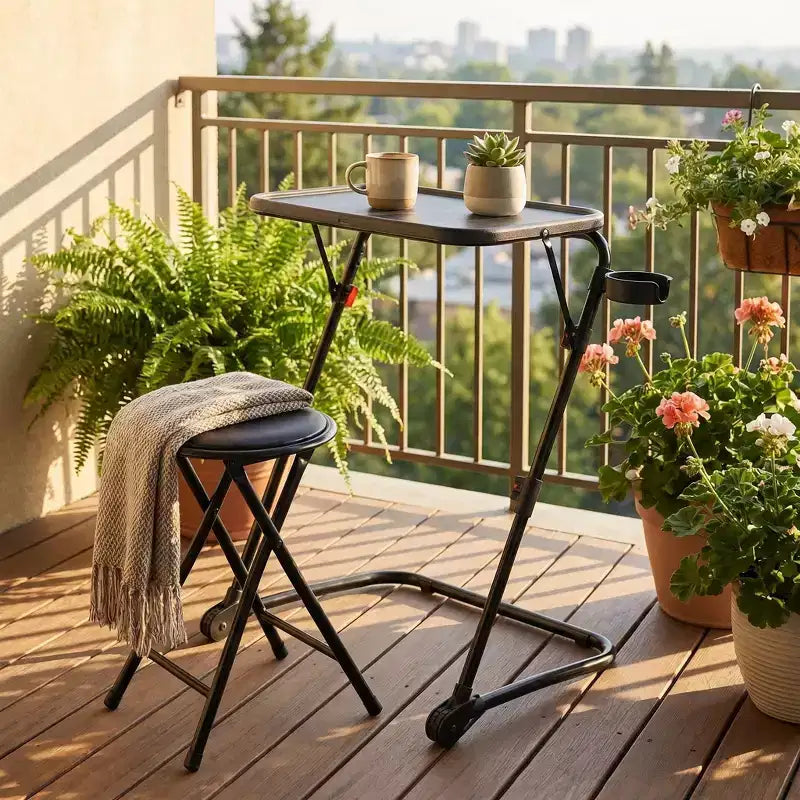 Ensemble table pliante et tabouret, table à plateau inclinable et hauteur réglable avec porte-gobelet, bureau portable pour le lit, le canapé, le bureau ou l’extérieur