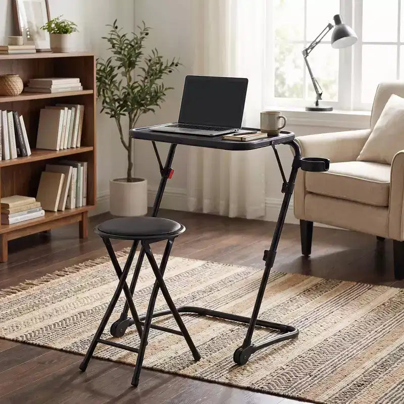 Ensemble table pliante et tabouret, table à plateau inclinable et hauteur réglable avec porte-gobelet, bureau portable pour le lit, le canapé, le bureau ou l’extérieur