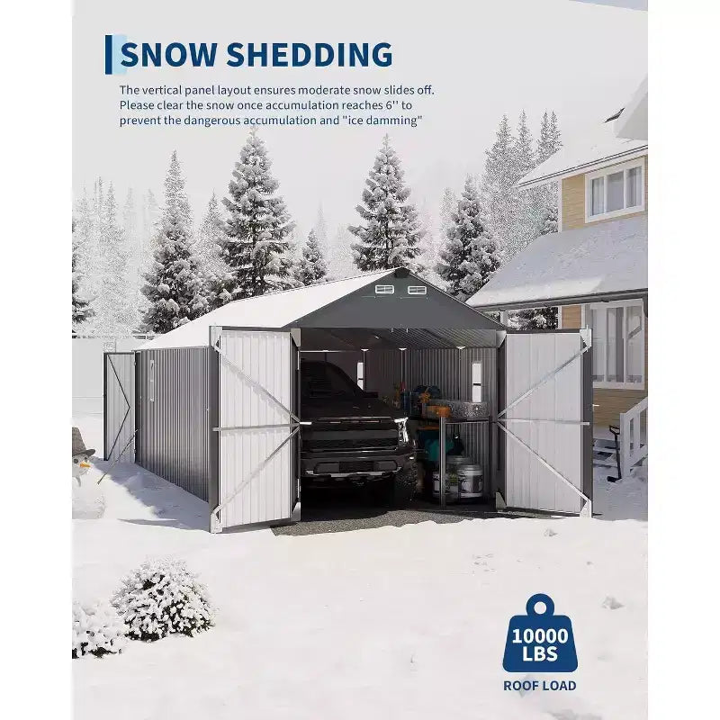 Abri d’auto en métal 12x25FT entièrement fermé, structure de garage avec toit anti-pluie à nervures verticales, entièrement en acier, abri de jardin robuste pour le rangement