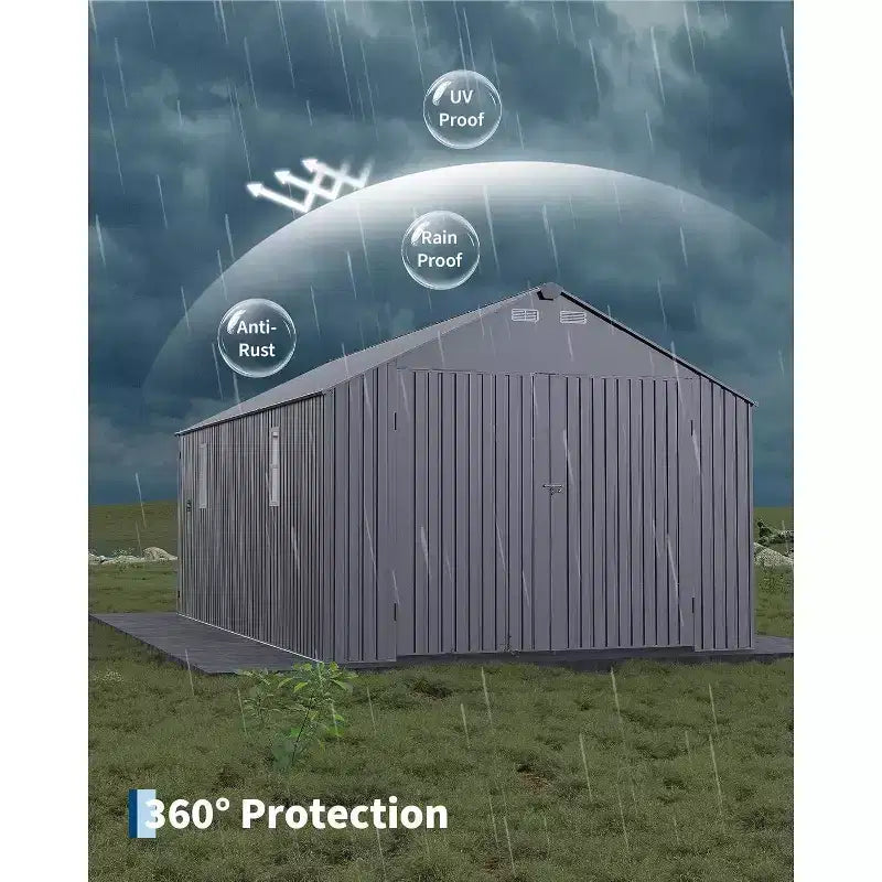 Abri d’auto en métal 12x25FT entièrement fermé, structure de garage avec toit anti-pluie à nervures verticales, entièrement en acier, abri de jardin robuste pour le rangement