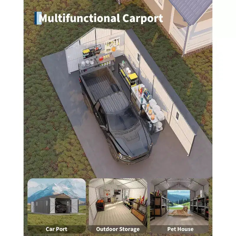 Abri d’auto en métal 12x25FT entièrement fermé, structure de garage avec toit anti-pluie à nervures verticales, entièrement en acier, abri de jardin robuste pour le rangement