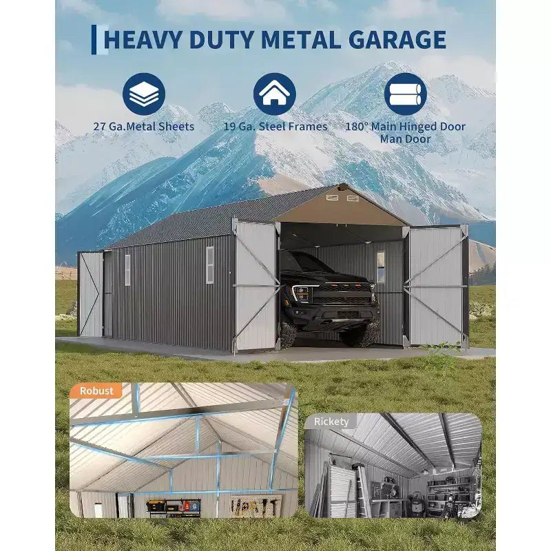 Abri d’auto en métal 12x25FT entièrement fermé, structure de garage avec toit anti-pluie à nervures verticales, entièrement en acier, abri de jardin robuste pour le rangement