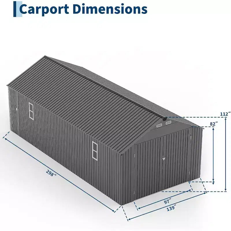 Abri d’auto en métal 12x25FT entièrement fermé, structure de garage avec toit anti-pluie à nervures verticales, entièrement en acier, abri de jardin robuste pour le rangement