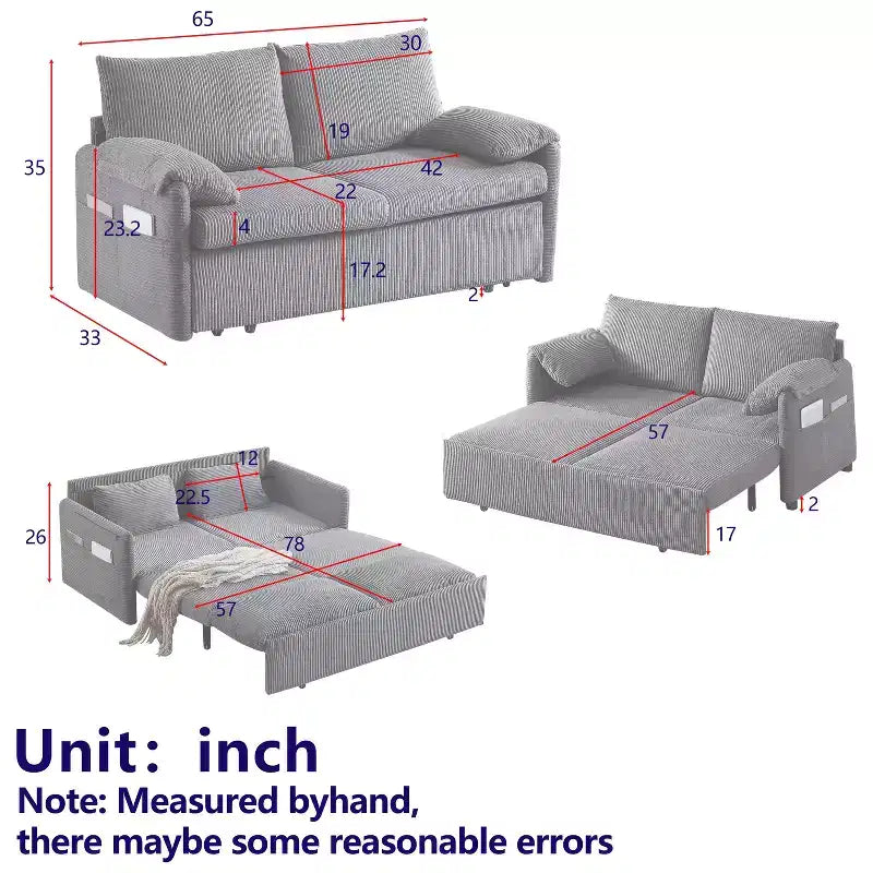 64.5 3-in-1-Schlafsofa aus Cord mit ausziehbarem Bett
