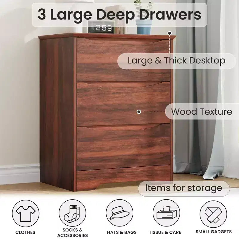 Holzkommode mit 3 Schubladen, hoher moderner Kleiderschrank mit viel Stauraum, große Kommode mit breiter Oberseite, Holzschrank zur Aufbewahrung von Kleidung